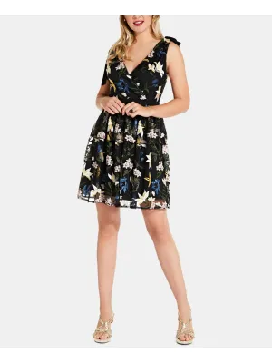 ADRIANNA PAPELL Womens Black Sequined Embroidered Floral V Neck Cocktail Dress
