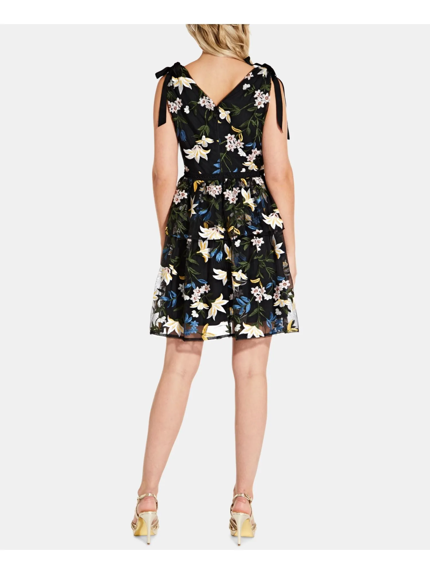 ADRIANNA PAPELL Womens Black Sequined Embroidered Floral V Neck Cocktail Dress