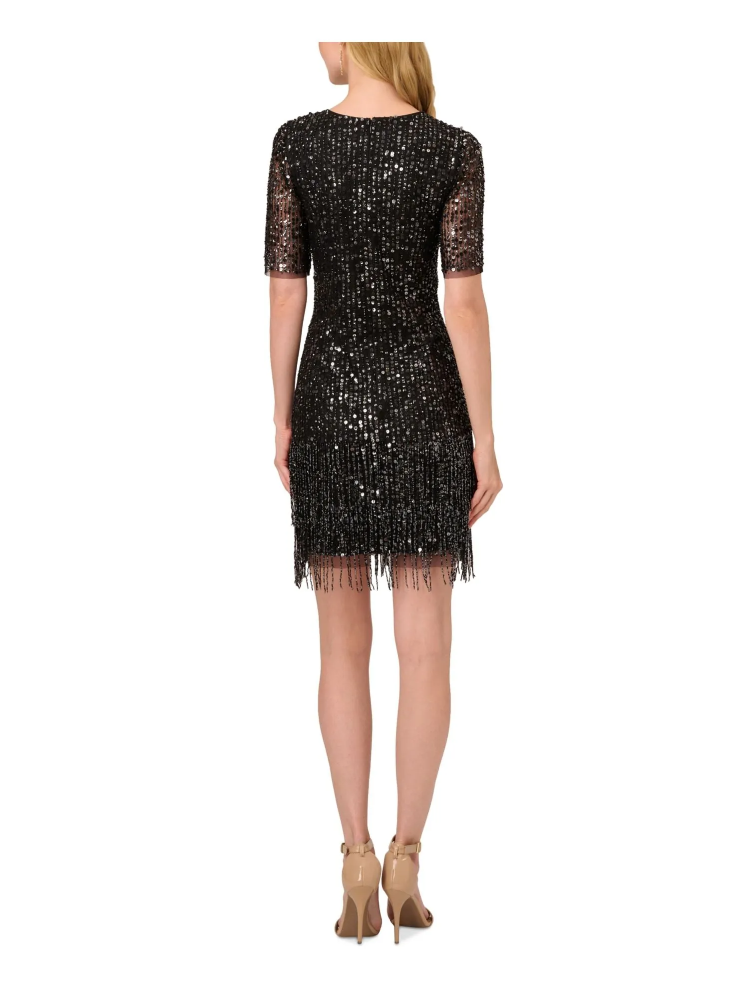 ADRIANNA PAPELL Womens Black Zippered Lined Beaded Fringe Hem Elbow Sleeve Crew Neck Above The Knee Cocktail Sheath Dress