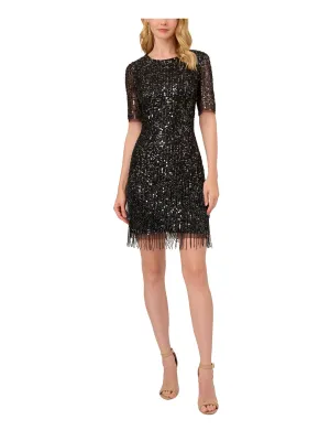 ADRIANNA PAPELL Womens Black Zippered Lined Beaded Fringe Hem Elbow Sleeve Crew Neck Above The Knee Cocktail Sheath Dress