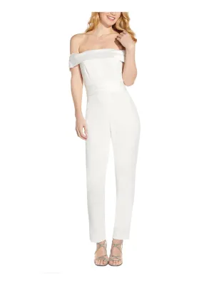 ADRIANNA PAPELL Womens Ivory Stretch Zippered Short Sleeve Off Shoulder Party Skinny Jumpsuit