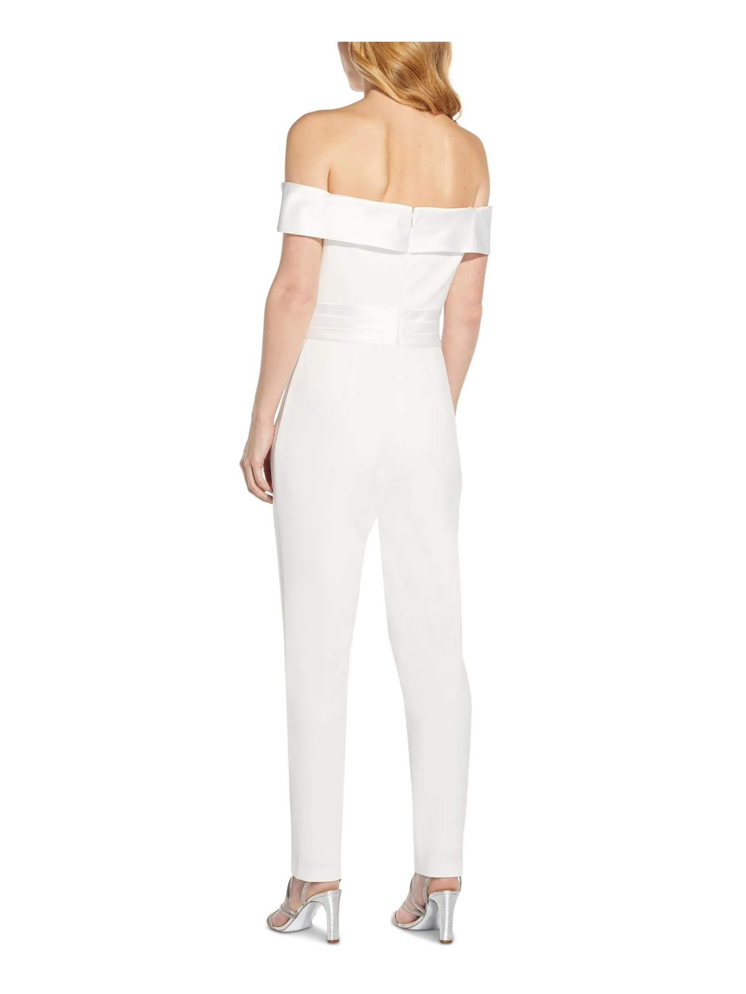 ADRIANNA PAPELL Womens Ivory Stretch Zippered Short Sleeve Off Shoulder Party Skinny Jumpsuit