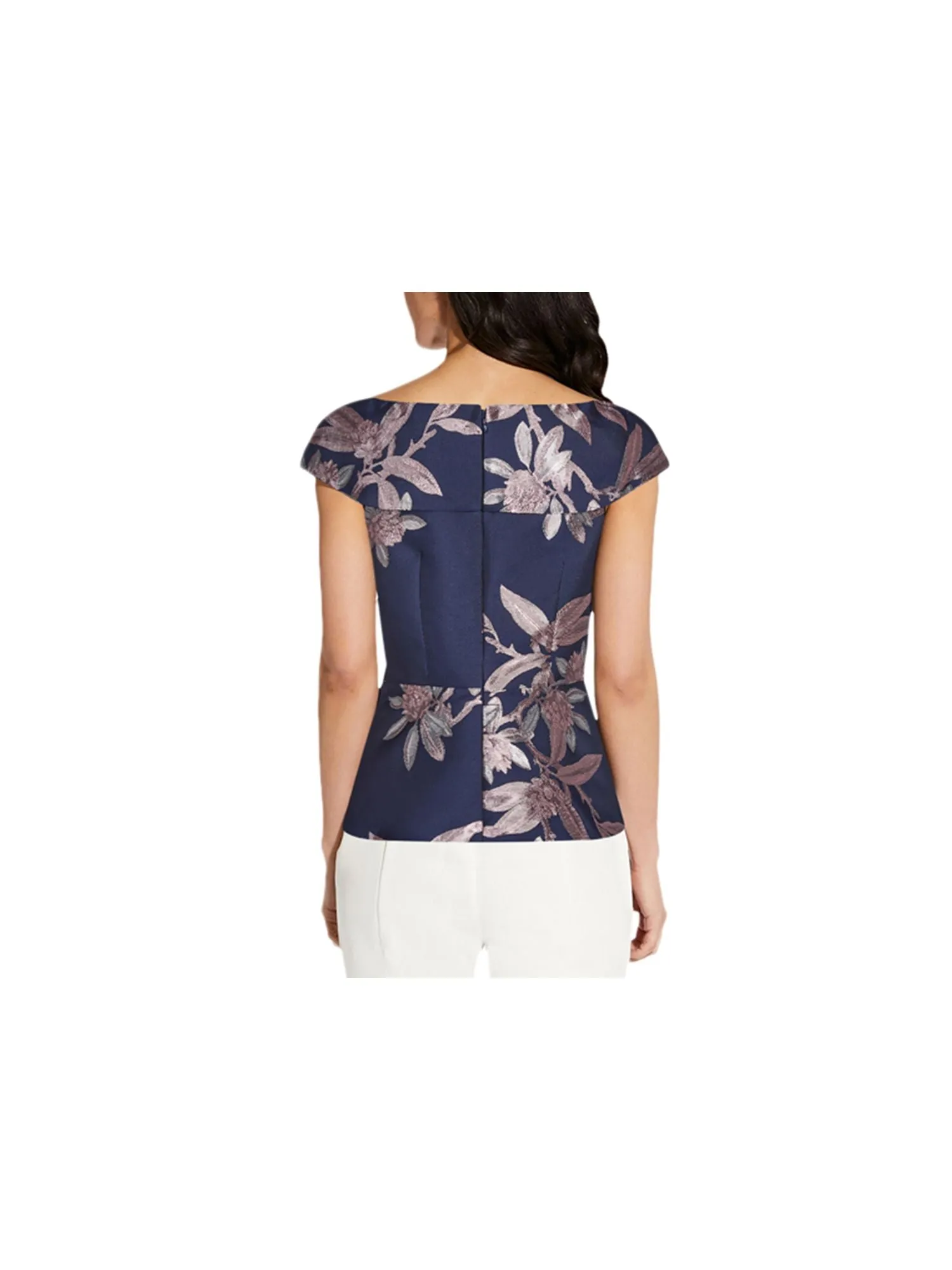 ADRIANNA PAPELL Womens Navy Zippered Darted Floral Flutter Sleeve V Neck Party Peplum Top