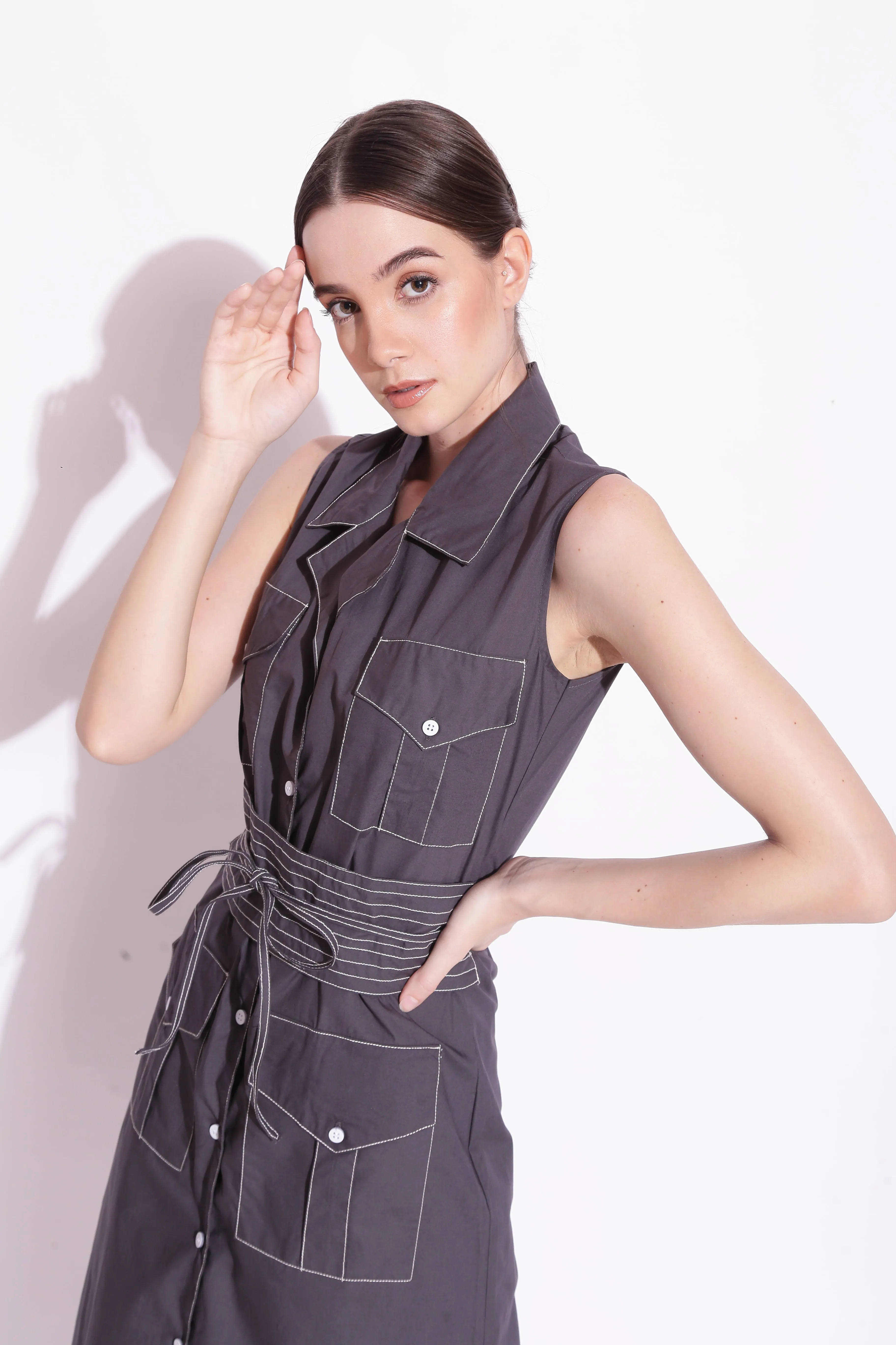 AMRIT KAUR In Contrast Threadwork Trench Dress