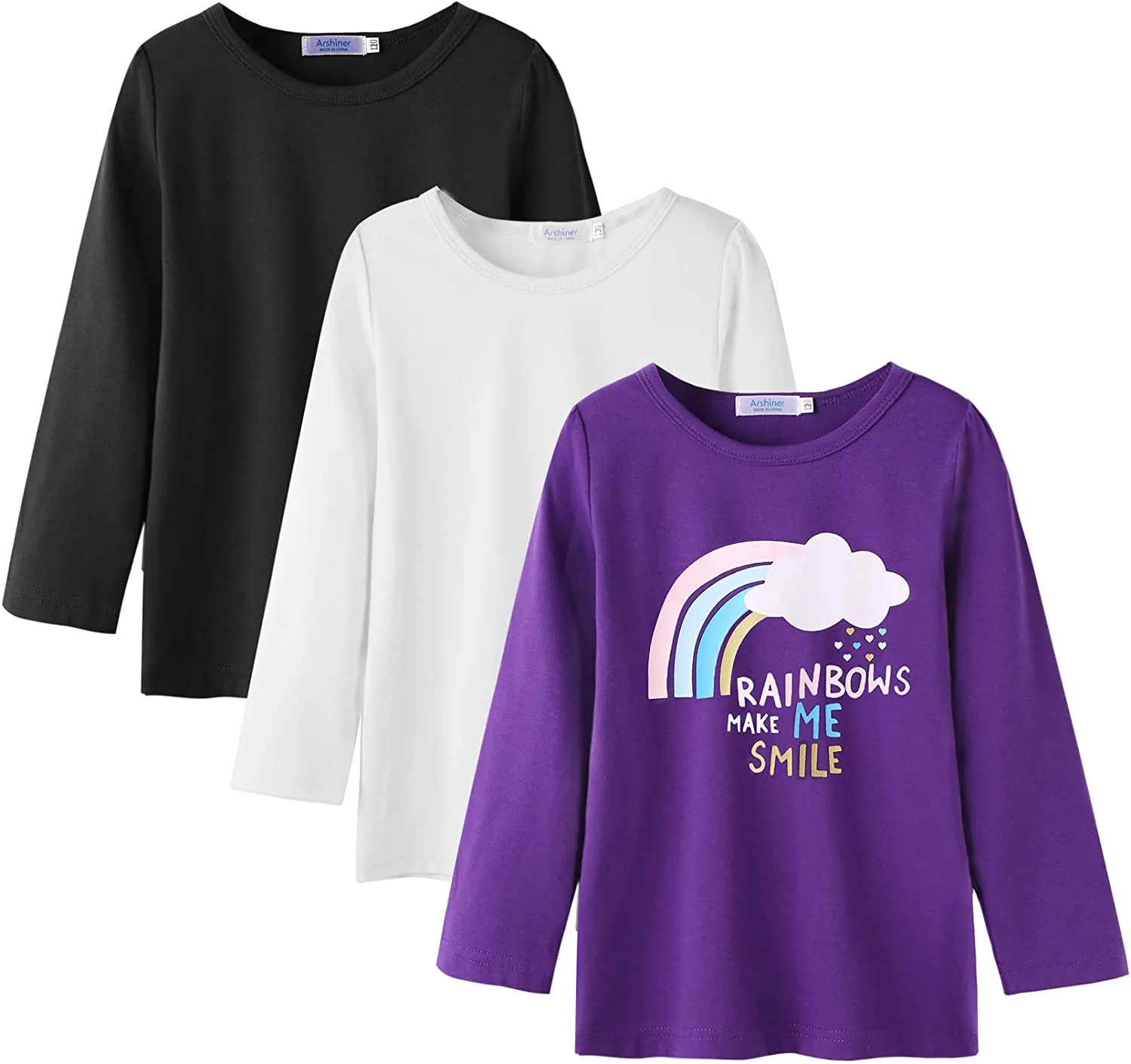 Arshiner Kids 3 Pack Long Sleeve Tees Girls Tees 3pcs Shirts