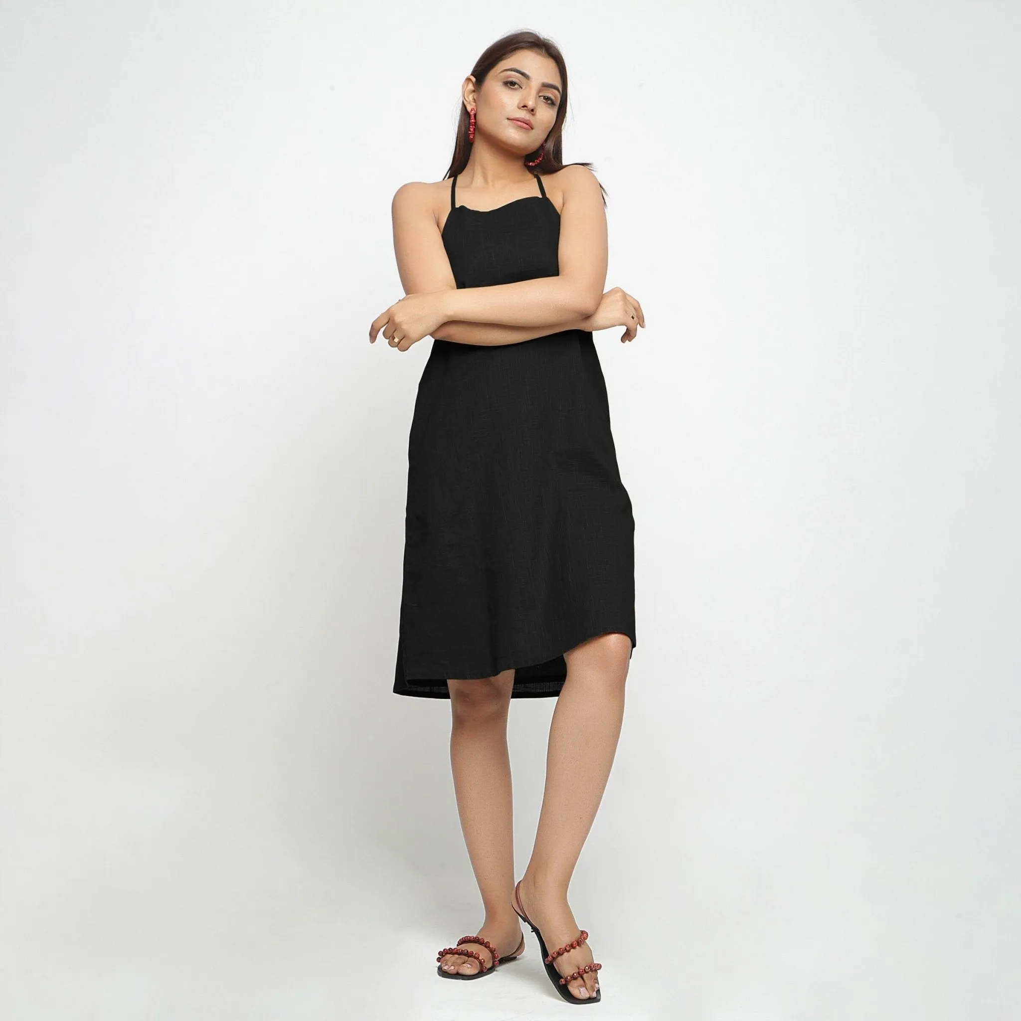 Black Knee Length 100% Cotton Criss-Cross Dress