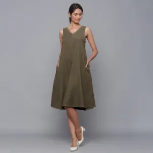 Bronze Grey Warm Cotton Corduroy Knee Length Flared Dress