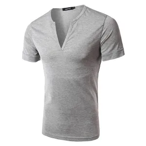 Casual Slim Fit Simple Style Cotton Solid Color Short Sleeve V-Neck T-Shirt For Men