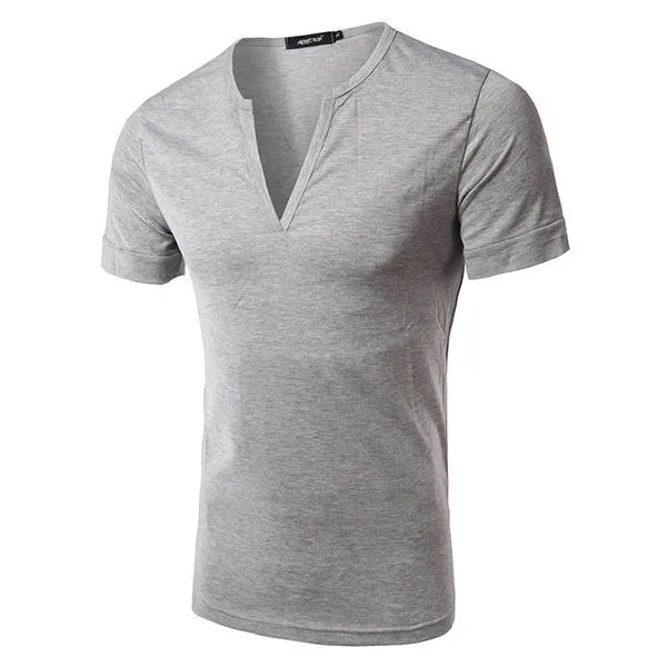 Casual Slim Fit Simple Style Cotton Solid Color Short Sleeve V-Neck T-Shirt For Men