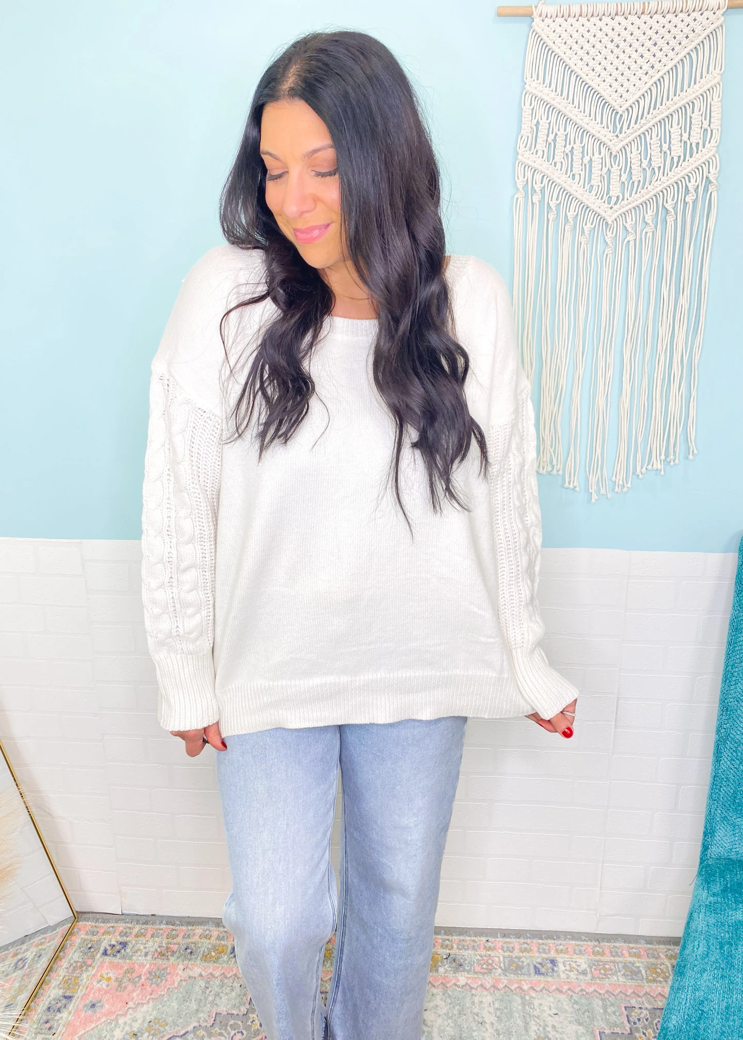 'Charmed' Ivory Cable Sleeve Soft Sweater