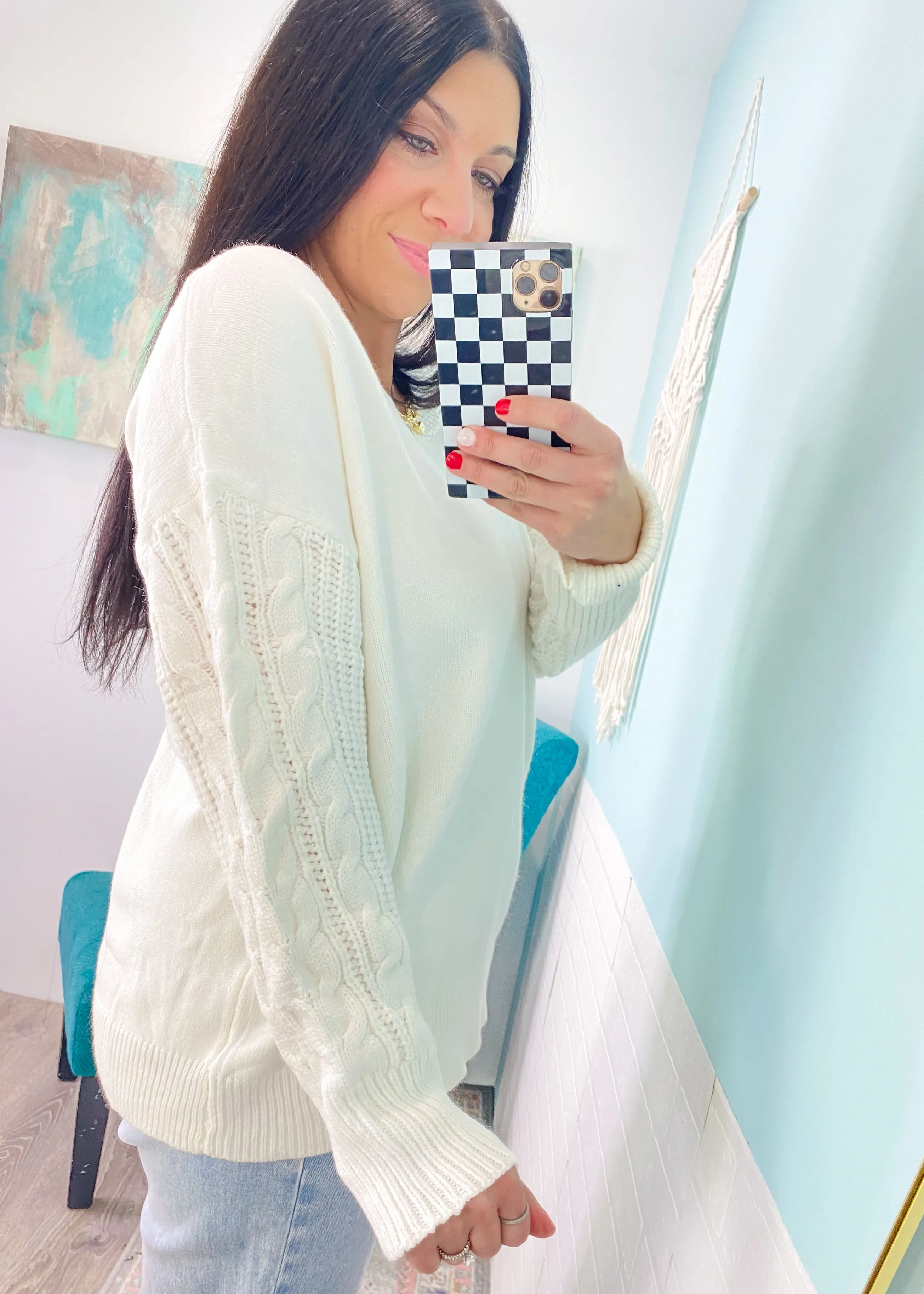 'Charmed' Ivory Cable Sleeve Soft Sweater