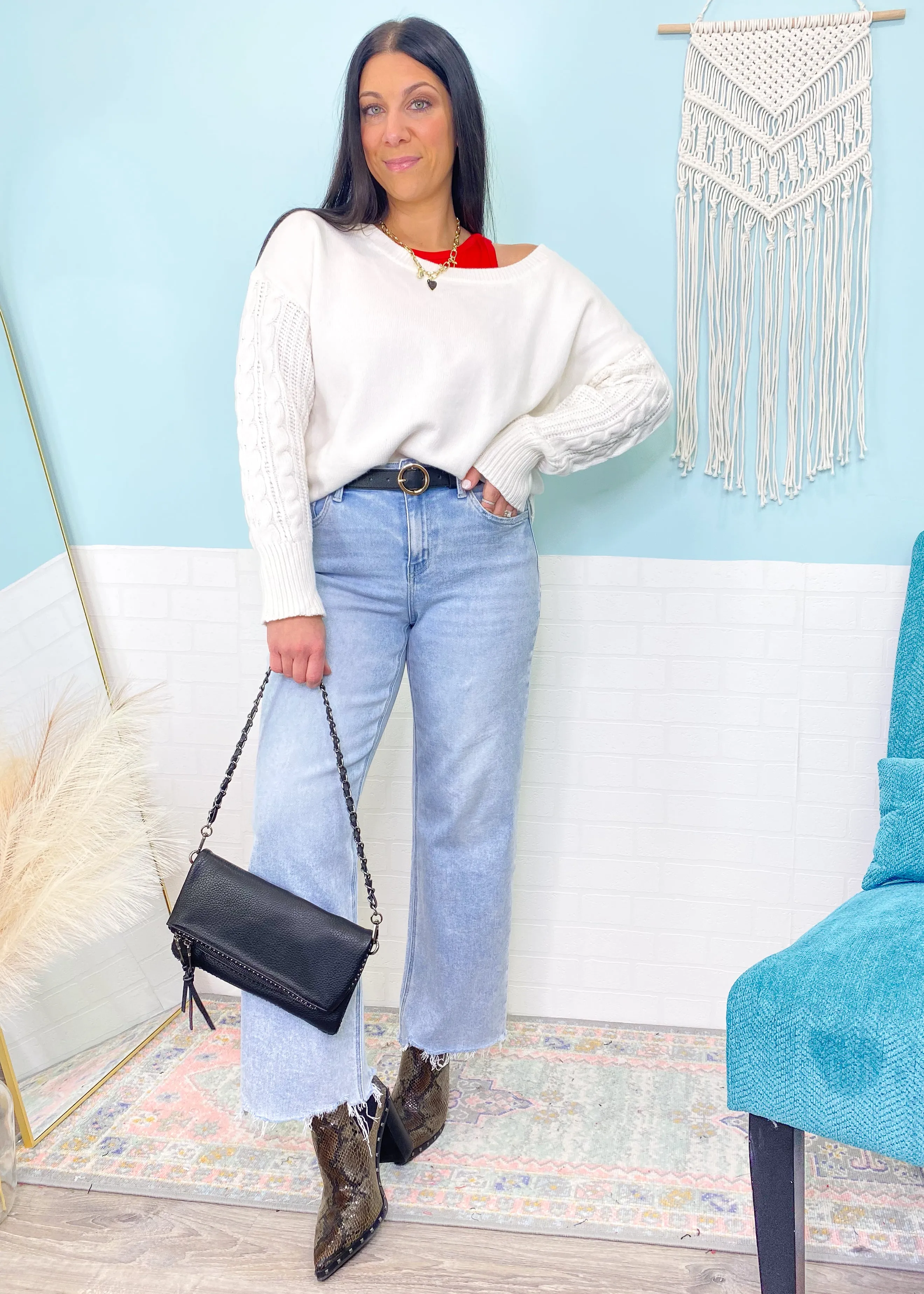 'Charmed' Ivory Cable Sleeve Soft Sweater