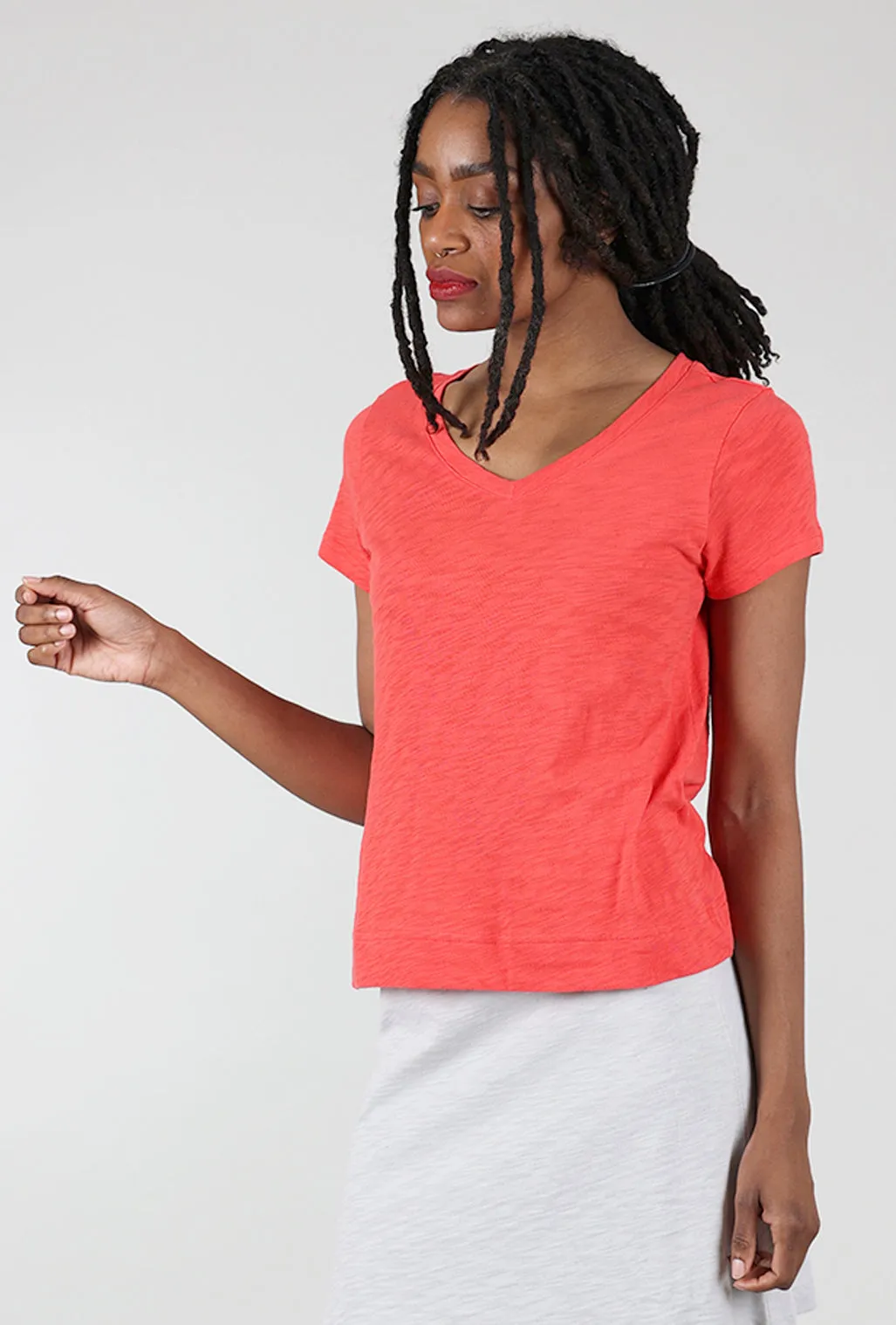 Cotton Slub V-Neck Tee, Red