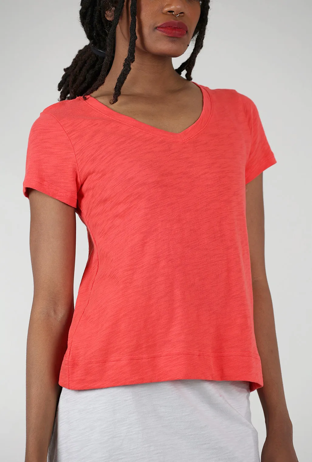 Cotton Slub V-Neck Tee, Red