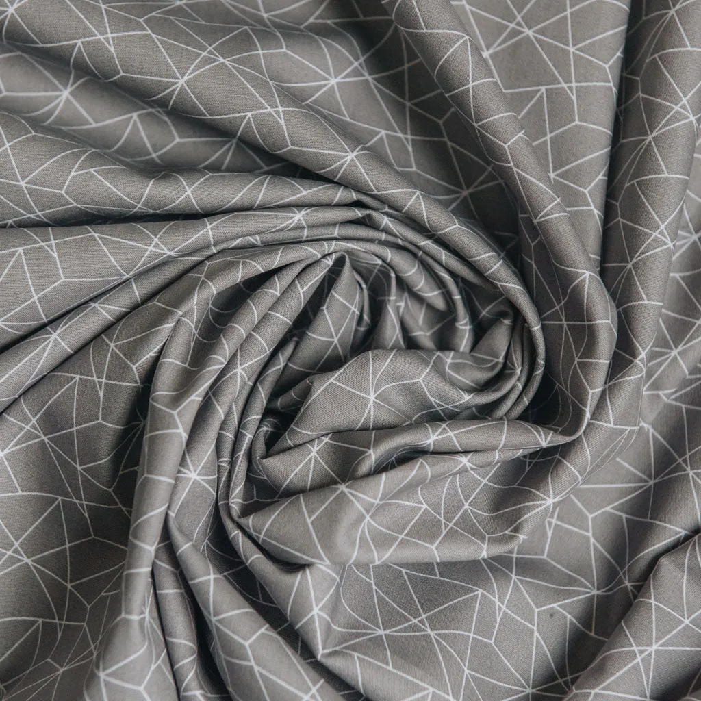 Geometric Origami Print Cotton Poplin Fabric - Grey & White