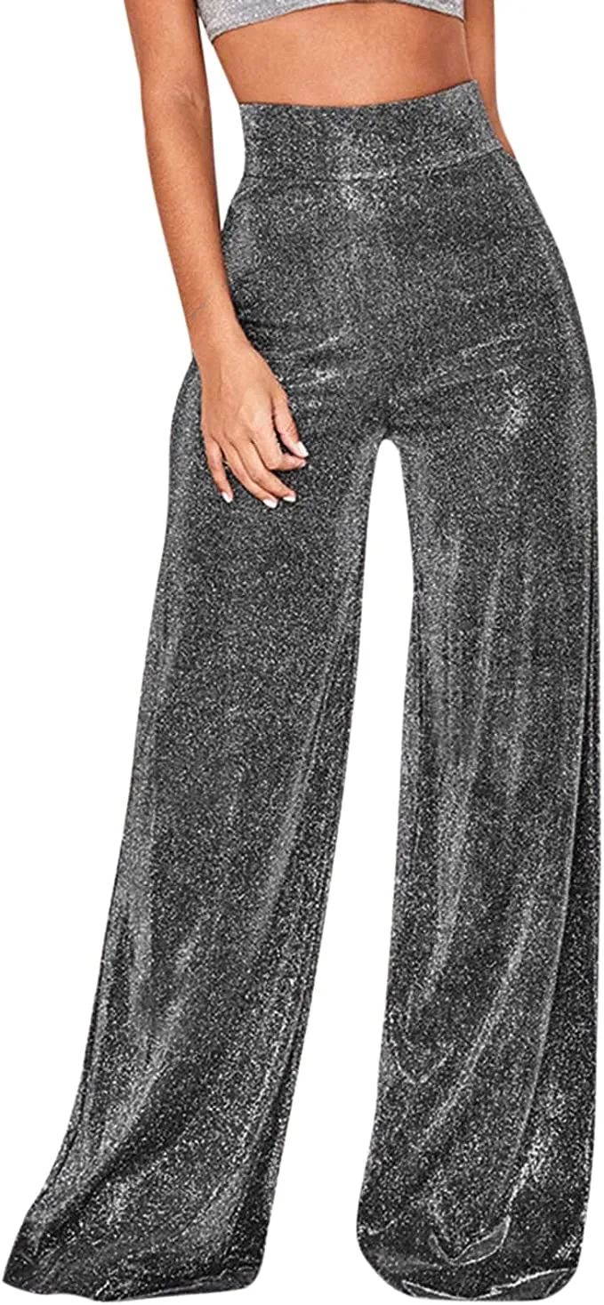 Glitter Metallic Silver Sparkly Wide Leg Pants