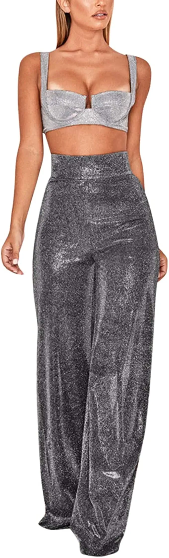 Glitter Metallic Silver Sparkly Wide Leg Pants