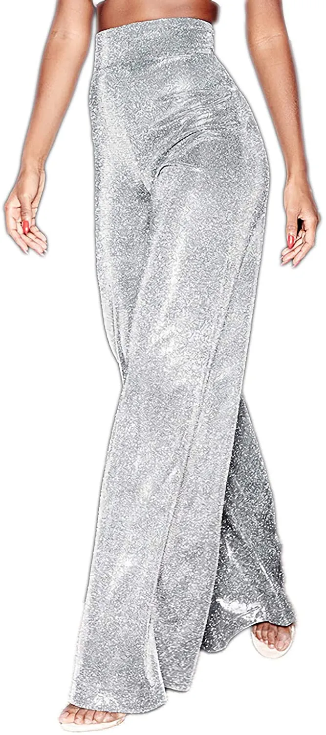 Glitter Metallic Silver Sparkly Wide Leg Pants