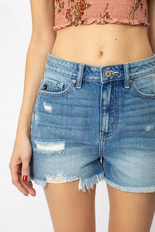 High Rise Distress Hem Shorts