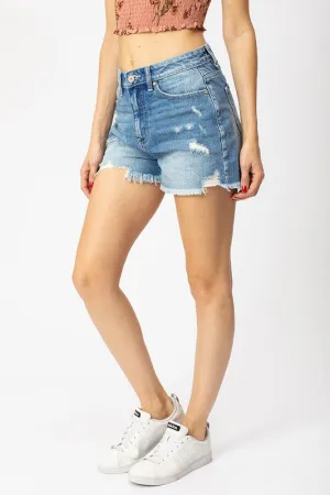 High Rise Distress Hem Shorts