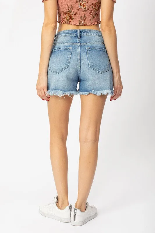High Rise Distress Hem Shorts
