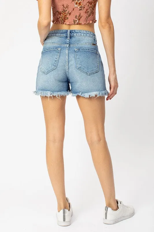 High Rise Distress Hem Shorts