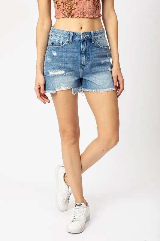 High Rise Distress Hem Shorts
