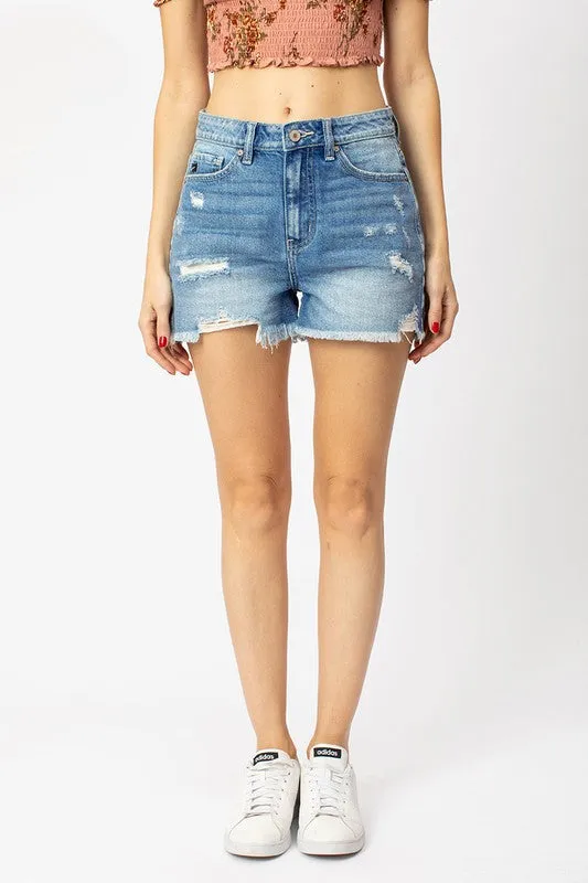 High Rise Distress Hem Shorts
