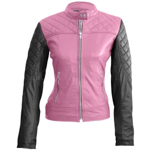 Leather Skin Women Pink with Black Sleeves Shoulder Quilted Genuine Leather Jacket