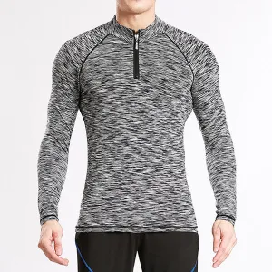 Mens Sport Bodybuilding Tops Quick-drying Zipper Collar Breathable Elastic Tight Long Sleeve T-shirt