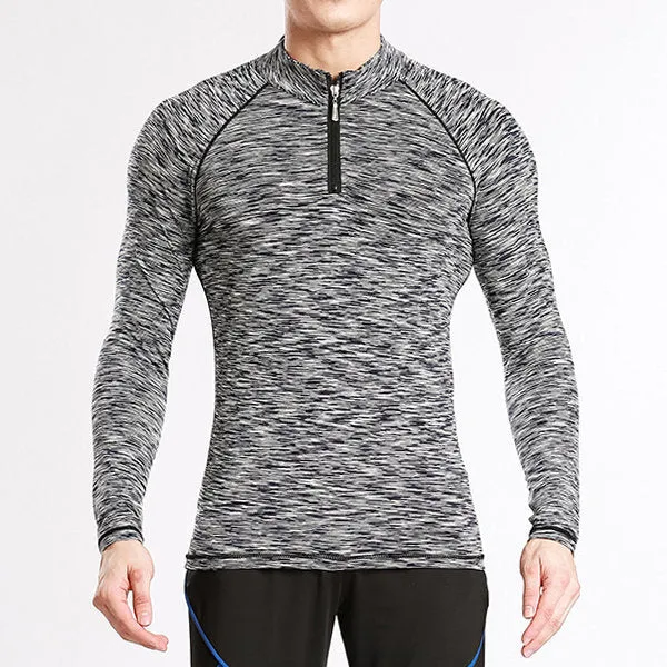 Mens Sport Bodybuilding Tops Quick-drying Zipper Collar Breathable Elastic Tight Long Sleeve T-shirt