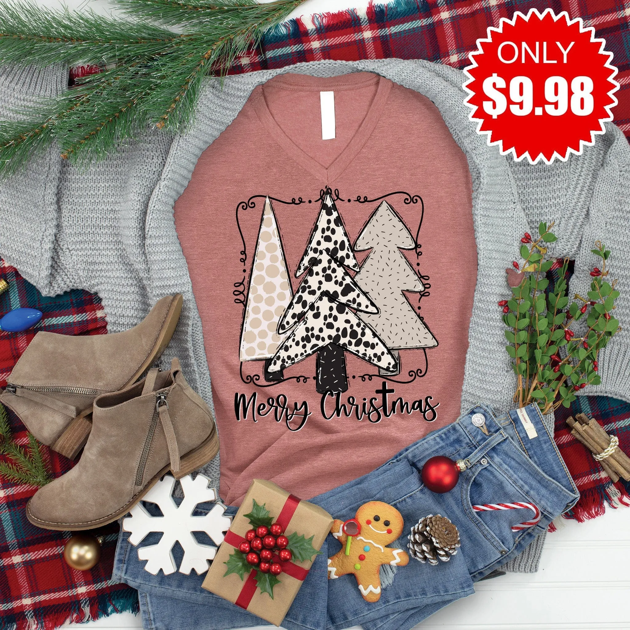 Merry Christmas Trees V-Neck Tee - 9
