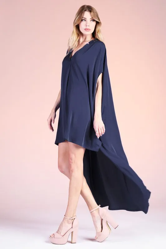 Navy Washed Poly Silk Notched High Low Caftan Dress