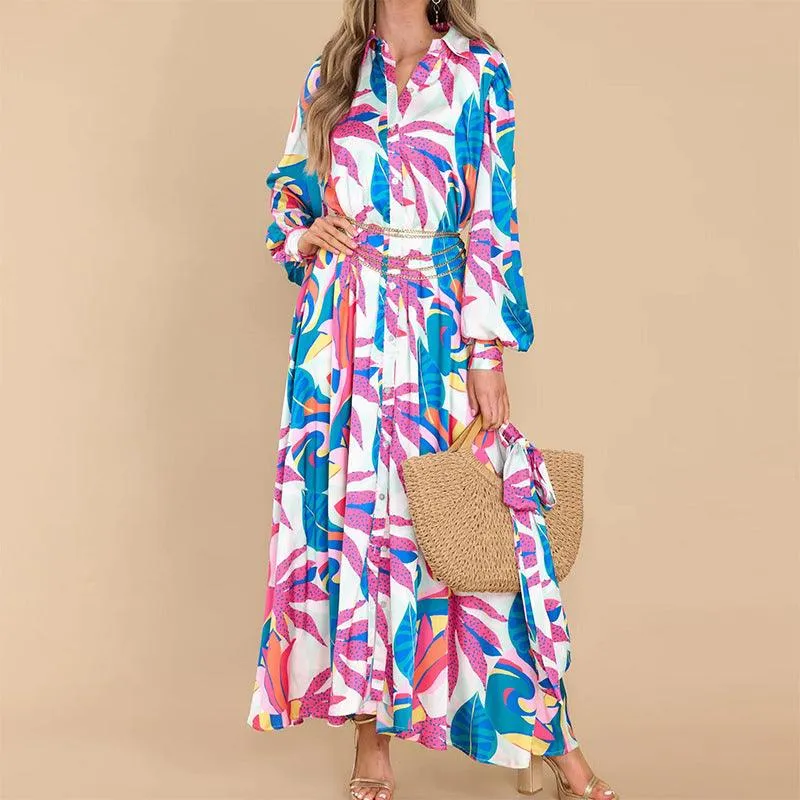 New Printed Dresses Long-sleeved Polo Collar Oversized Hem Dresses Women