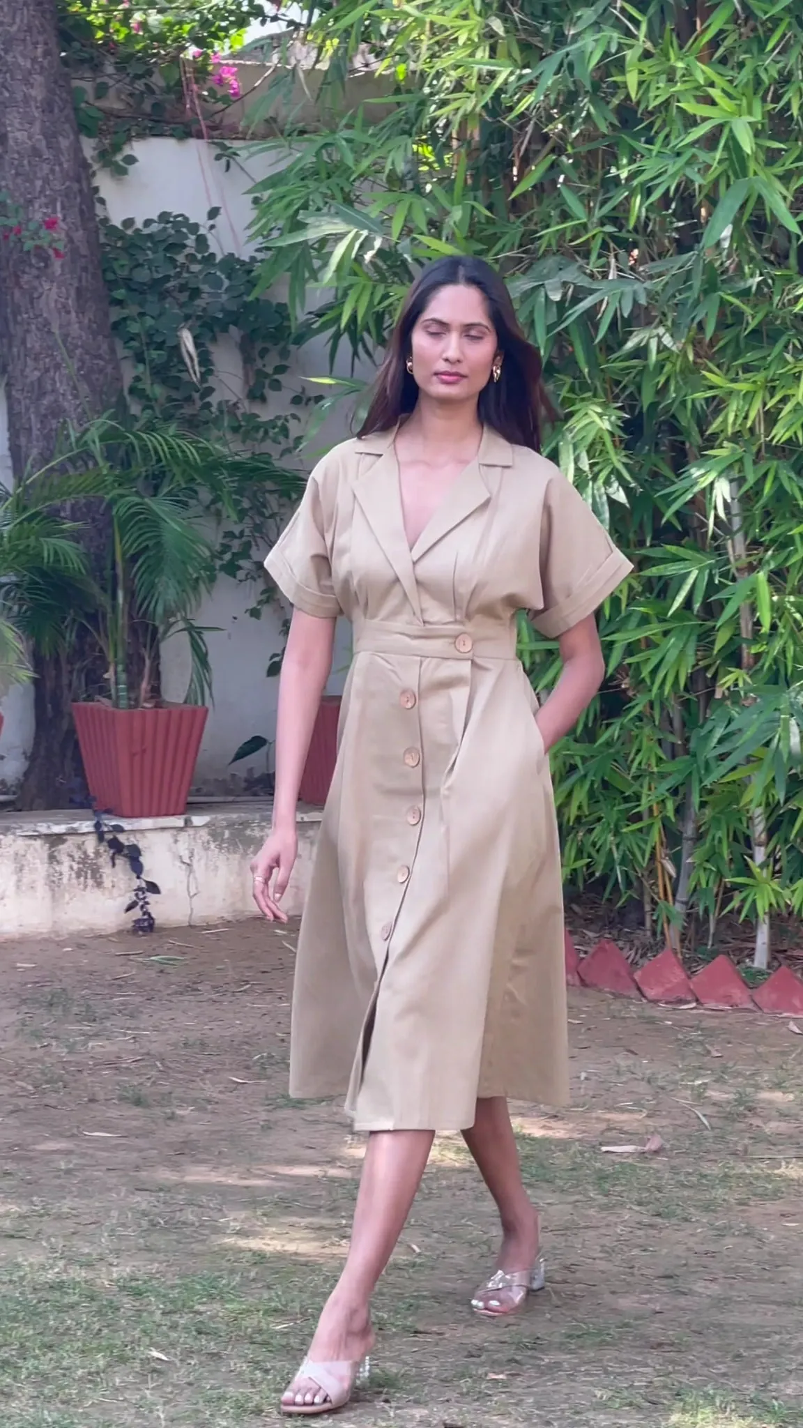 Pale Khakhi Cotton Twill Button-Down Knee Length Trench Dress