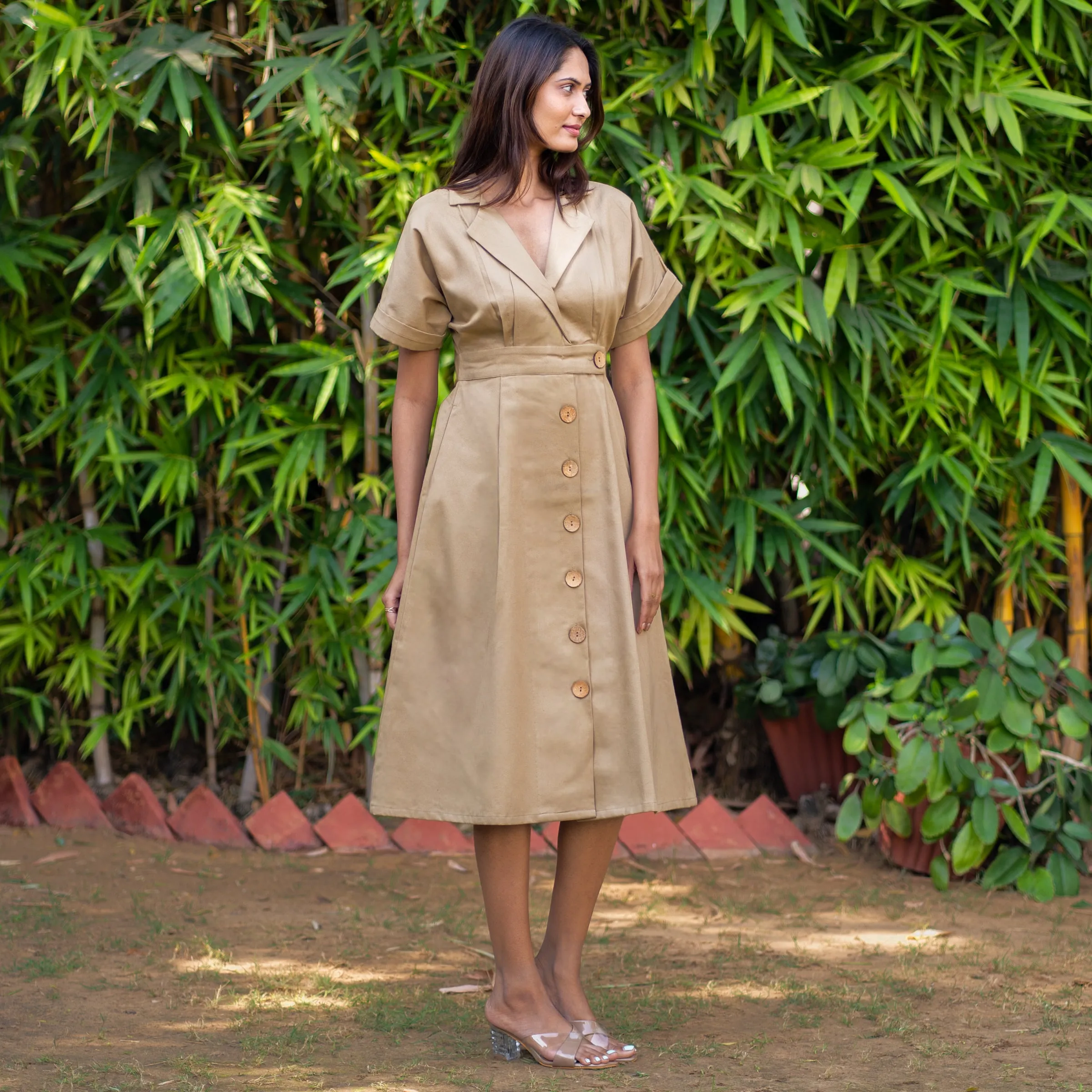 Pale Khakhi Cotton Twill Button-Down Knee Length Trench Dress