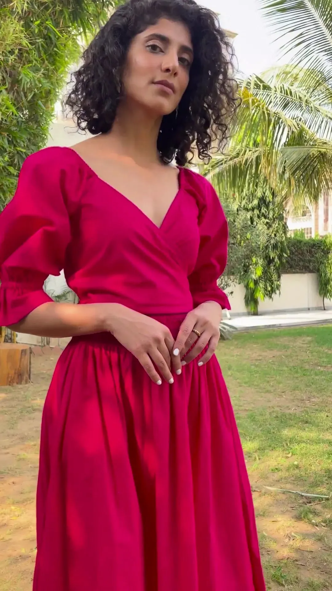 Pink Cotton Poplin V-Neck Gathered Midi Wrap Dress