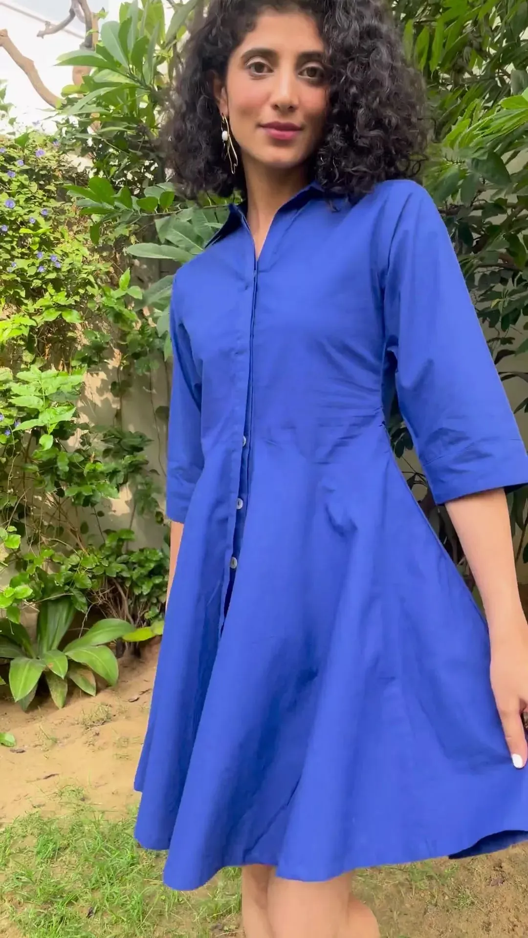 Purple Cotton Poplin Fit and Flare Short Button-Down Shirt Dress