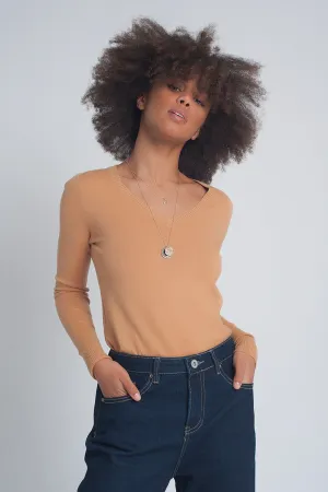Soft basic sweater with camel v-neck