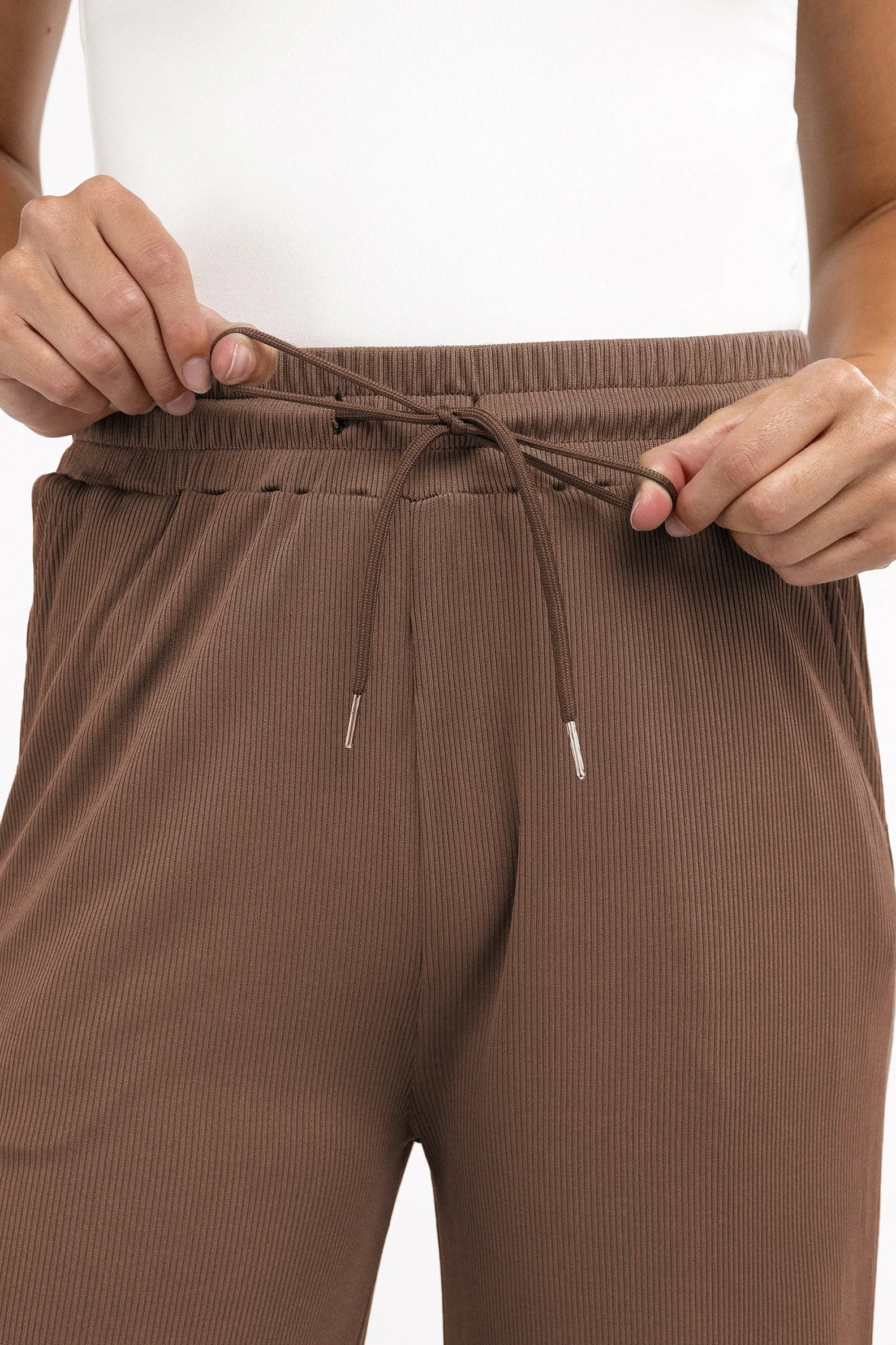 Stretchy Ribbed Drawstring Pocket Wide Leg Pants