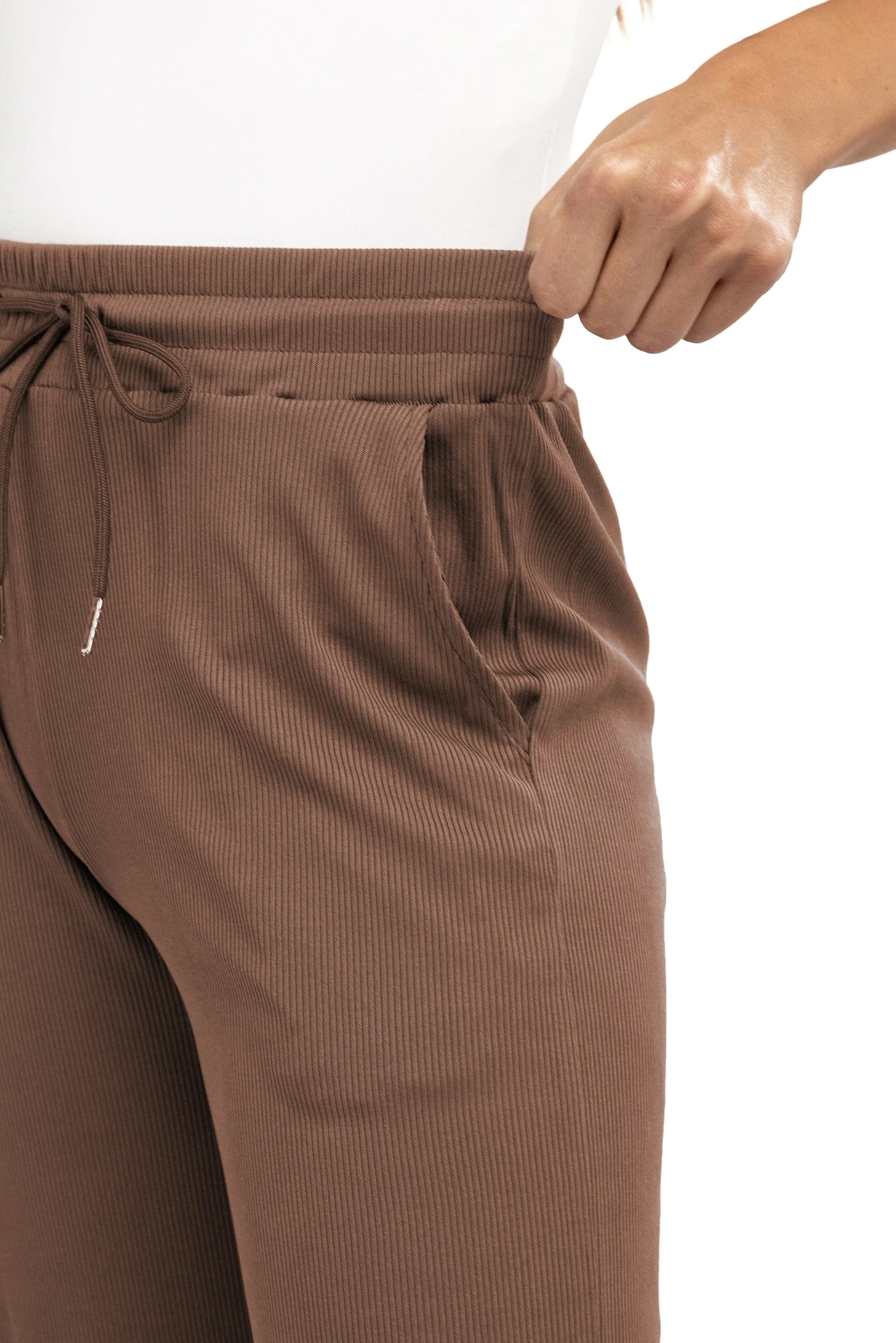 Stretchy Ribbed Drawstring Pocket Wide Leg Pants