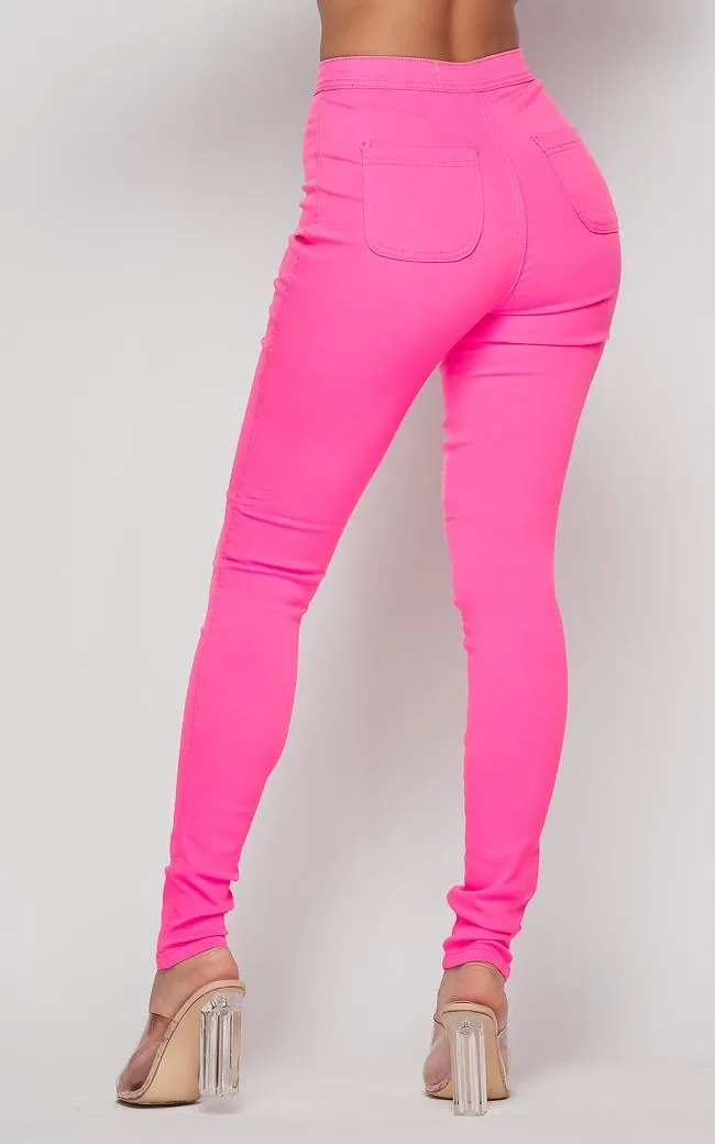 Super High Waisted Stretchy Skinny Jeans - Neon Pink