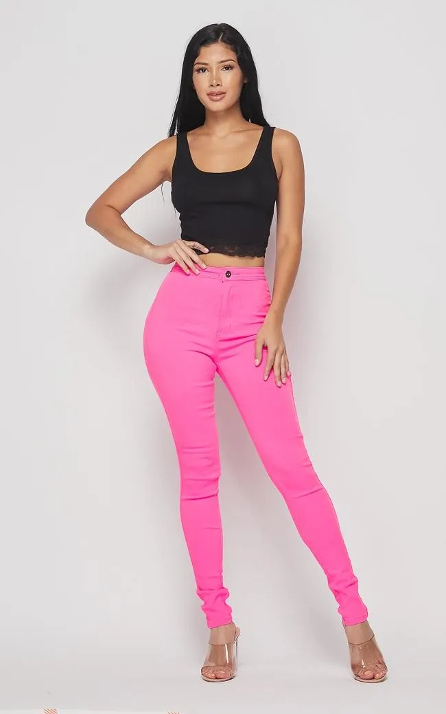 Super High Waisted Stretchy Skinny Jeans - Neon Pink