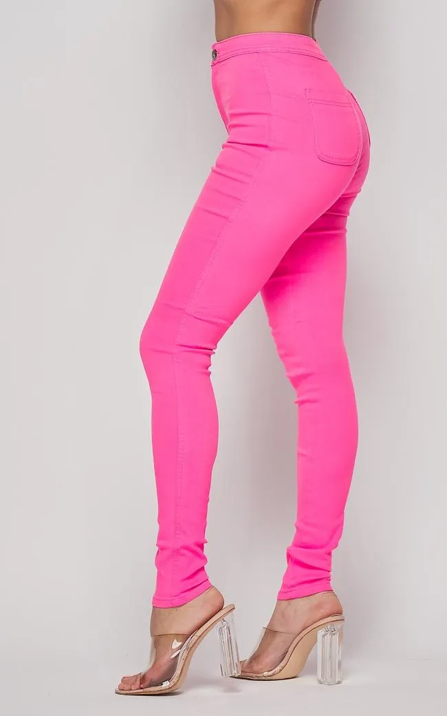 Super High Waisted Stretchy Skinny Jeans - Neon Pink