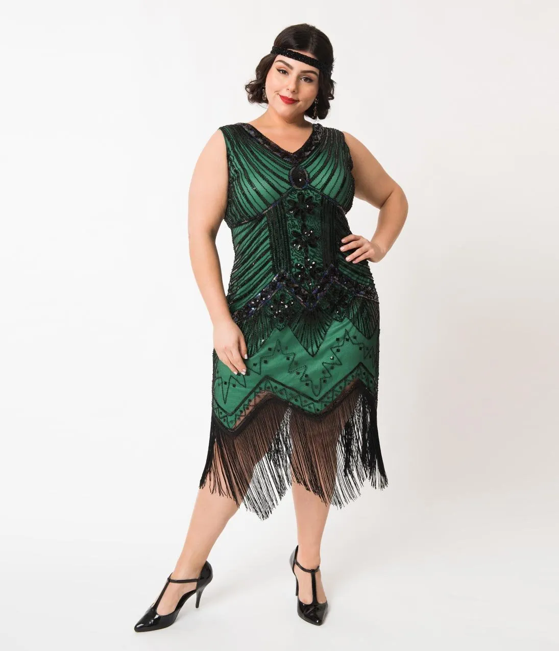 Unique Vintage Plus Size 1920s Deco Green & Black Sequin Veronique Fringe Flapper Dress