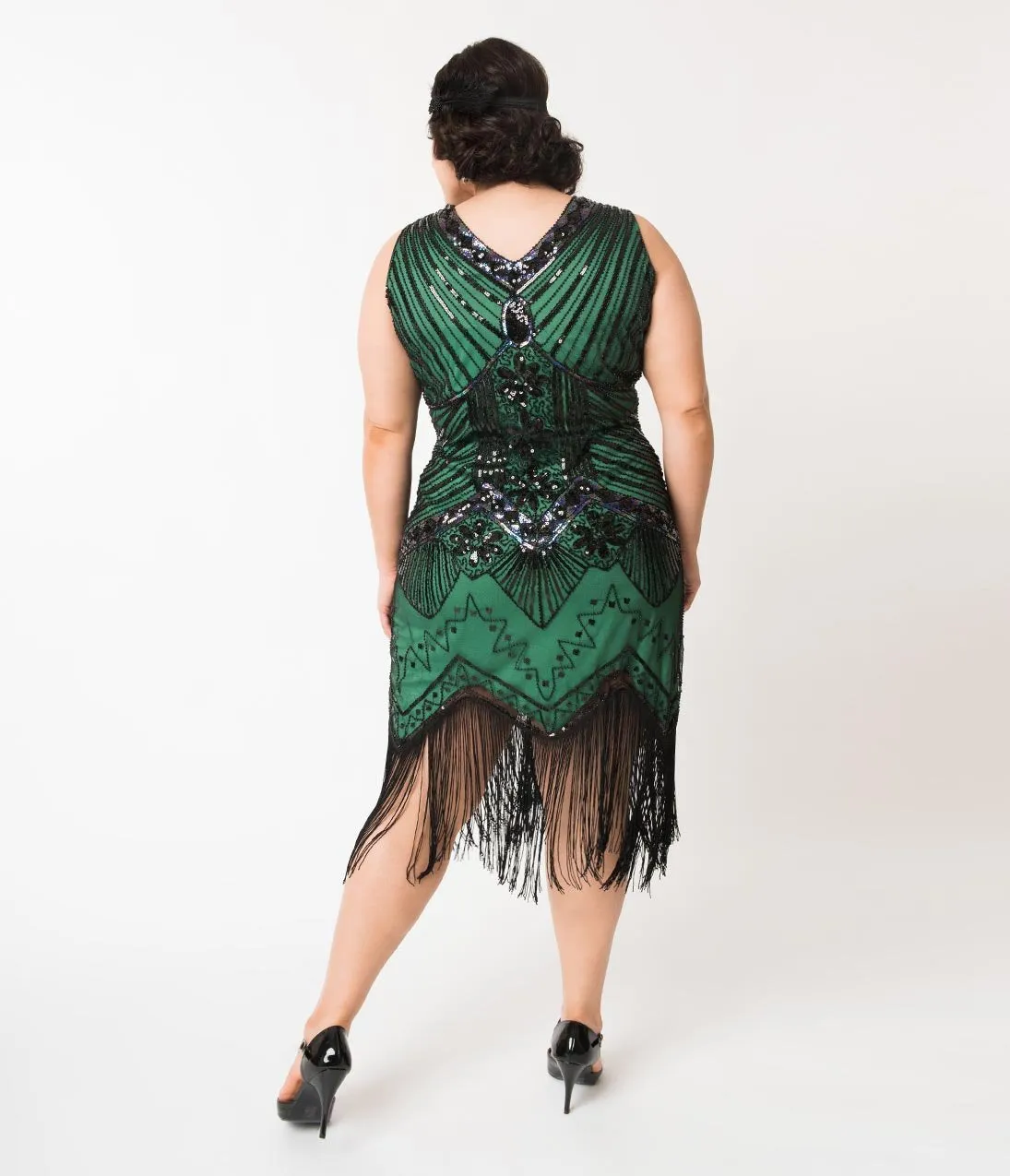 Unique Vintage Plus Size 1920s Deco Green & Black Sequin Veronique Fringe Flapper Dress
