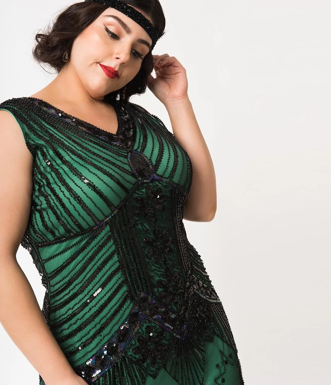 Unique Vintage Plus Size 1920s Deco Green & Black Sequin Veronique Fringe Flapper Dress