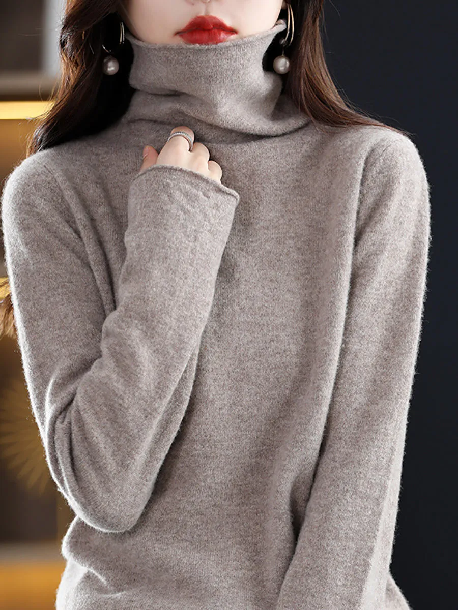 Women Autumn 100%Wool Turtleneck Soft Knit Sweater