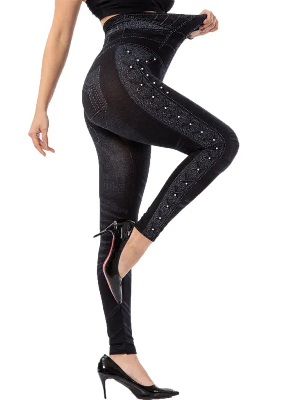 Womens High Waist Beaded Stretch Leggings SIZE XS-3XL