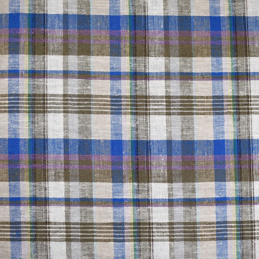 Yarn Dyed Plaid Linen Blend Shirting Olive/Blue